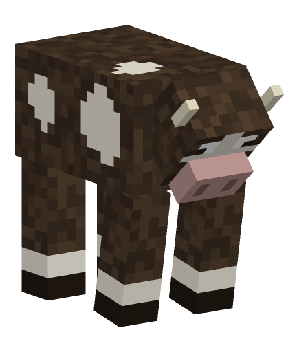 Minecraft cow graze pose: Head lowered to the grass, front legs braced.