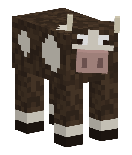 Minecraft cow look pose: Head turned to face you, the way a cow follows wheat.