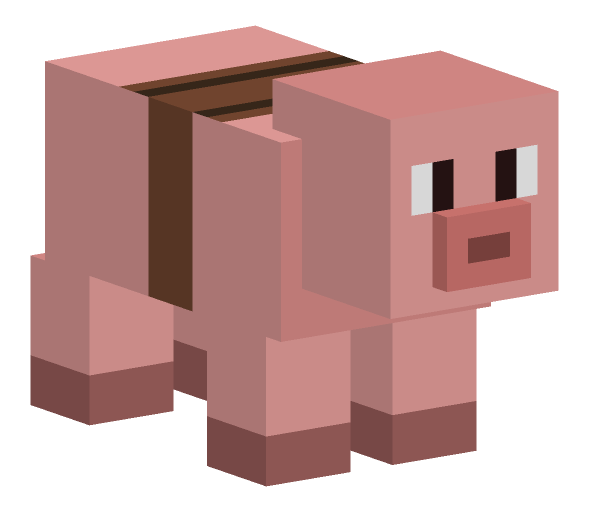 Minecraft pig render, saddled variant: full body on a transparent background