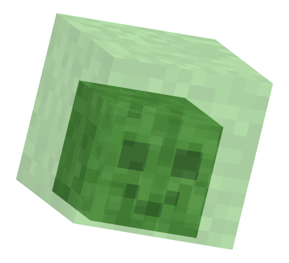 Minecraft slime squash pose: Landed and leaning hard to one side, still wobbling.