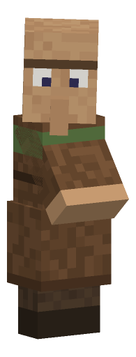Minecraft villager look pose: Head turned to face you, nose leading.