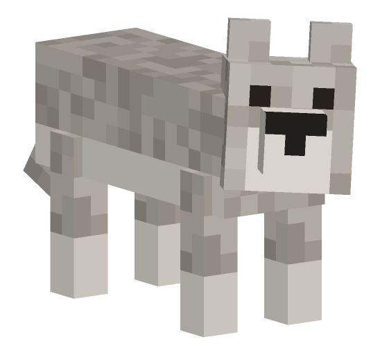 Minecraft wolf look pose: Head turned to face you, ears forward.