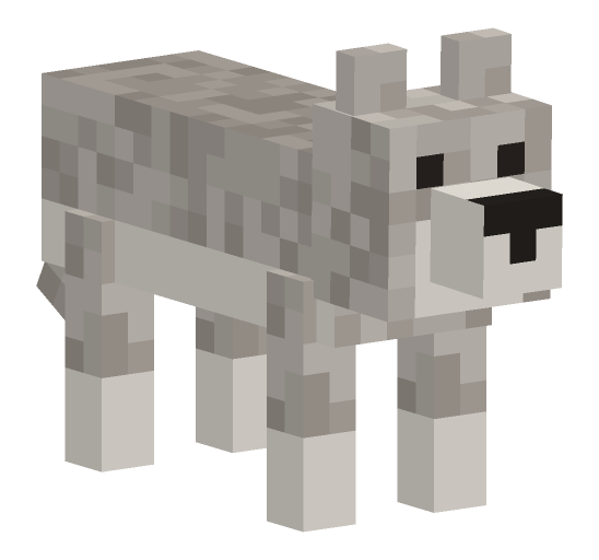 Minecraft wolf walk pose: Mid-stride walk cycle; use frame to pick the phase.